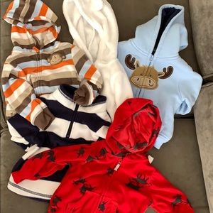 Set of 5- Zip Up Fleece Hoodie Sweatshirts. 9 Mths